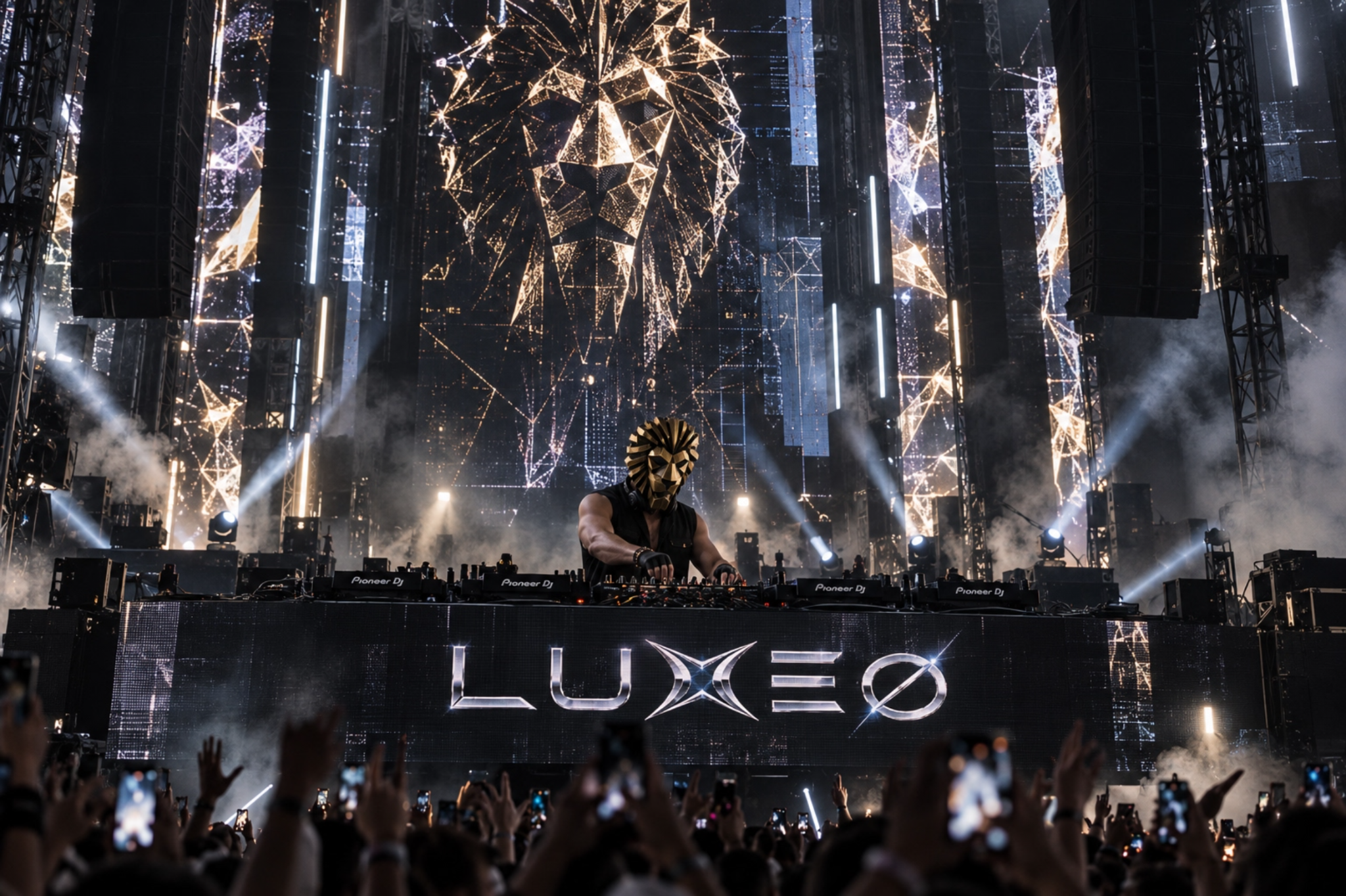 LUXEØ in his faceted lion mask performing behind a four-player DJ booth beneath a gold lion LED display, with white stage lights, smoke and the crowd in front