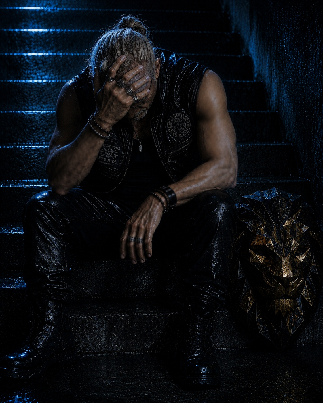 LUXEØ seated on dark steps with his face partly concealed and his lion mask beside him
