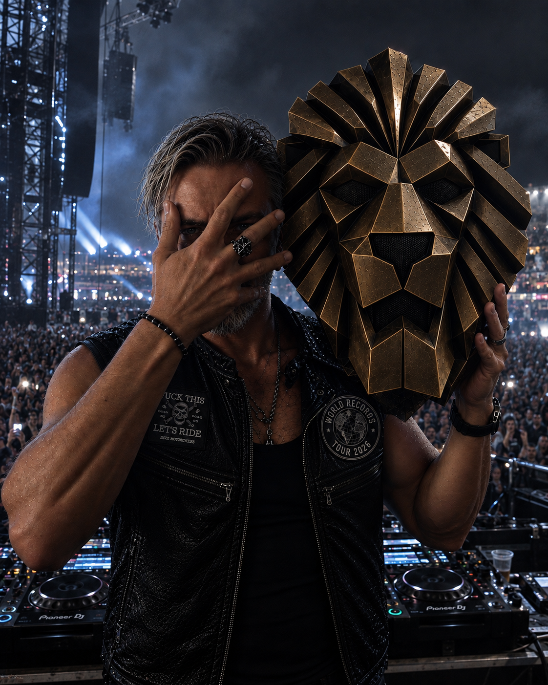 LUXEØ on stage holding his faceted gold lion mask beside his partially concealed face, with the crowd behind him