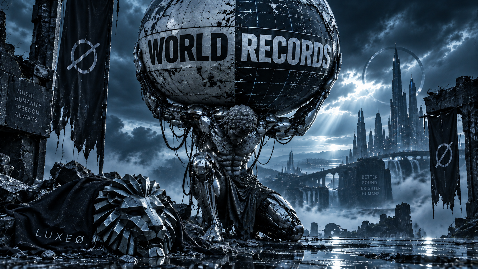 WORLD RECORDS globe carried by a cybernetic Atlas amid ruined architecture, with the faceted LUXEØ lion and a distant futuristic city in icy slate blue